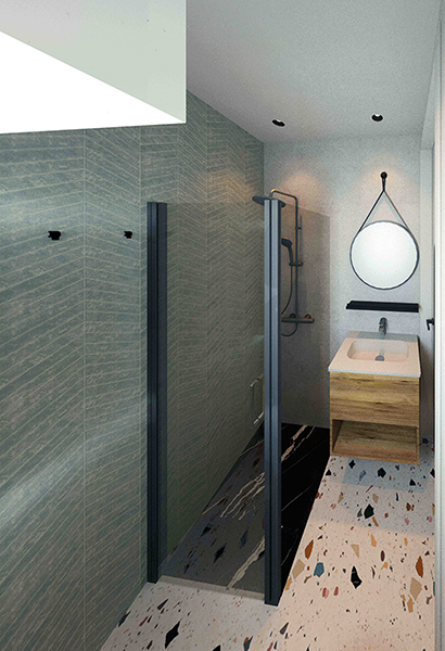 Terrazzo flooring and marble shower